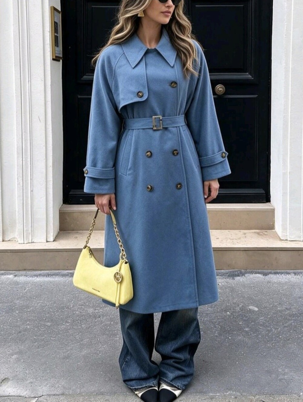 Ins Street Style Casual Elegant Fashion Faux Denim Effect Patchwork Decor Long